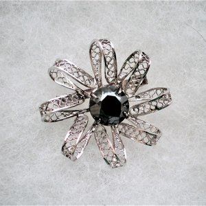 Italy Designer Sorrento Sterling Silver Flower Hematite Filigree Pin Brooch